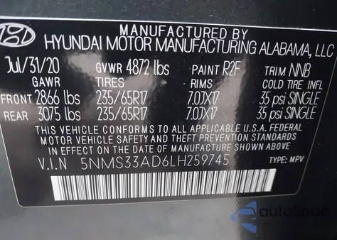 2020 Hyundai Santa Fe Sel from USA, damaged, VIN 5NMS33AD6LH259745